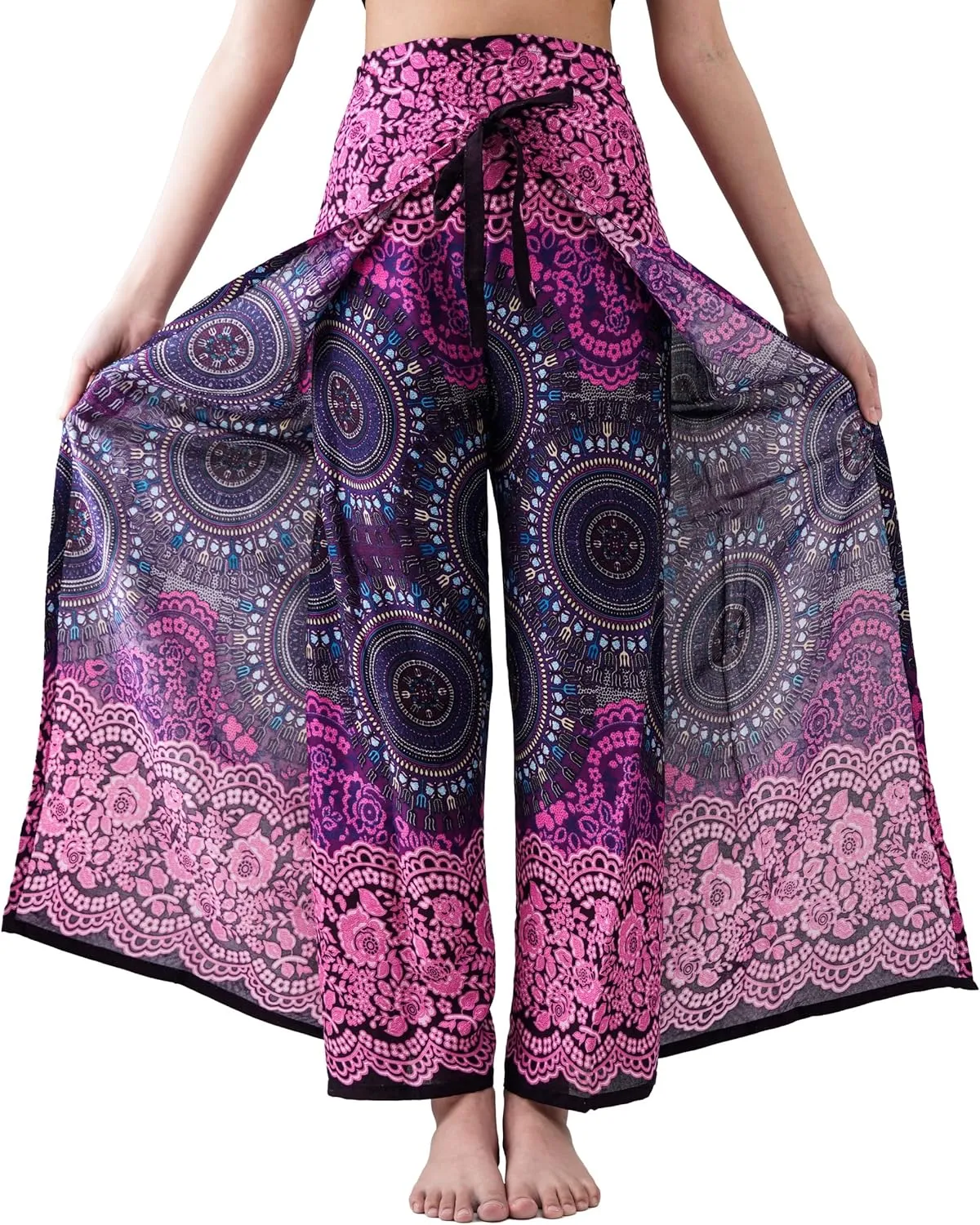 B BANGKOK PANTS Women's Boho Palazzo Pants Wide Leg Yoga Wrap Tie Up Waist