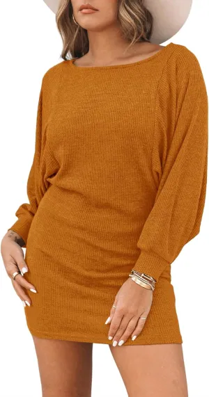 Basicspace Women's Long Sleeve Mini Ribbed Knit Casual Bodycon Sexy Dress Drawstring Fall Pullover Sweater Dresses