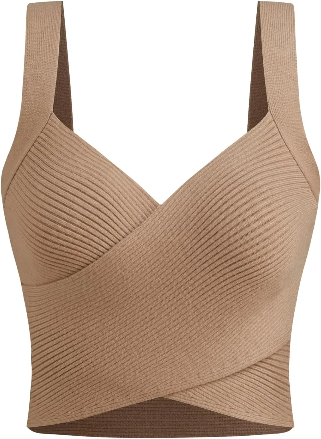 CIDER Knitted Crop Top V Neck Solid Wrap Sleeveless Tank Top Texture Regular Fit Casual Knit Fabric