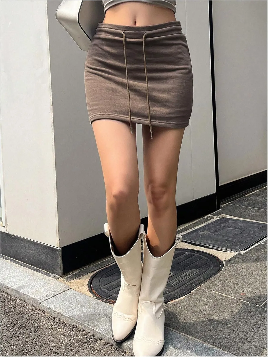 COZYEASE Women's Drawstring Waist Bodycon Skirt Skinny Mini Length Casual Plain Skirts