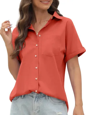 CUNLIN 100% Cotton Short Sleeve Shirts for Women Button Down Shirt Womens Blouses Casual Summer Tops with Pockets