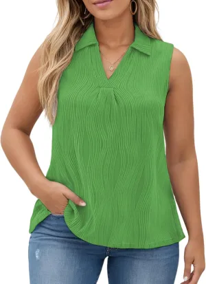 DOLNINE Womens-Plus-Size-Summer-Tank-Tops Dressy V Neck Collared Polo Shirts Casual Sleeveless Tunics Trendy Textured Blouses