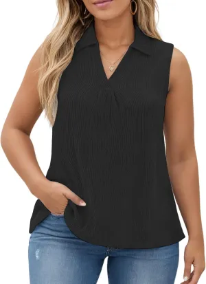 DOLNINE Womens-Plus-Size-Summer-Tank-Tops Dressy V Neck Collared Polo Shirts Casual Sleeveless Tunics Trendy Textured Blouses