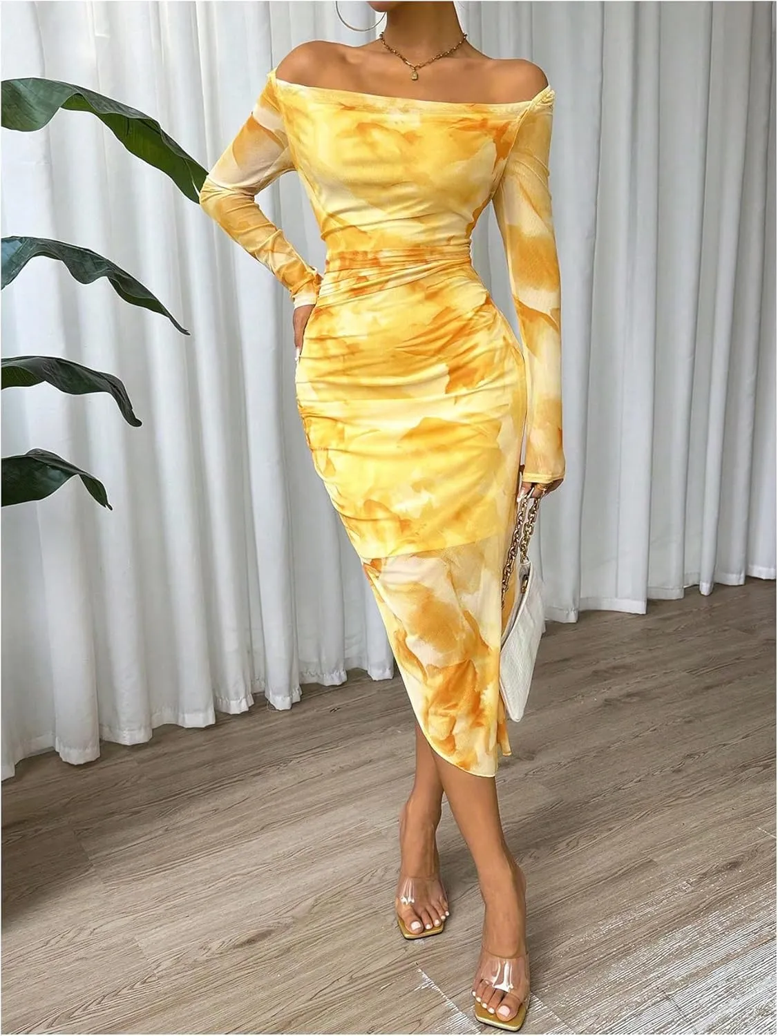 Floerns Women's Tie Dye Long Sleeve Cowl Neck Ruched Cocktail Bodycon Midi Dresses