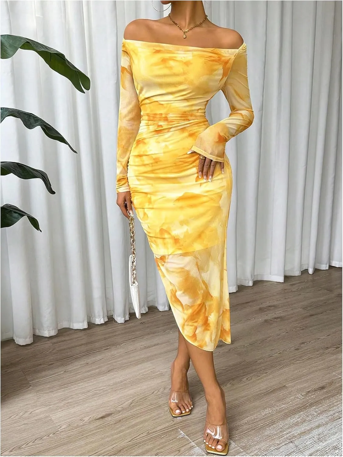 Floerns Women's Tie Dye Long Sleeve Cowl Neck Ruched Cocktail Bodycon Midi Dresses