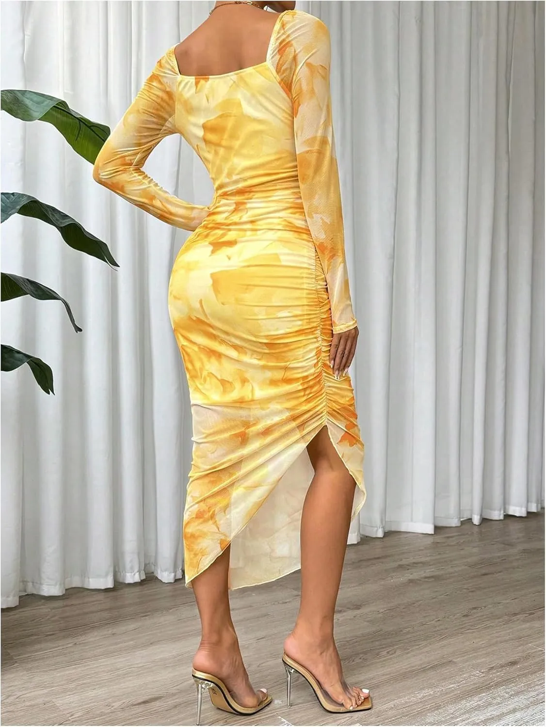 Floerns Women's Tie Dye Long Sleeve Cowl Neck Ruched Cocktail Bodycon Midi Dresses