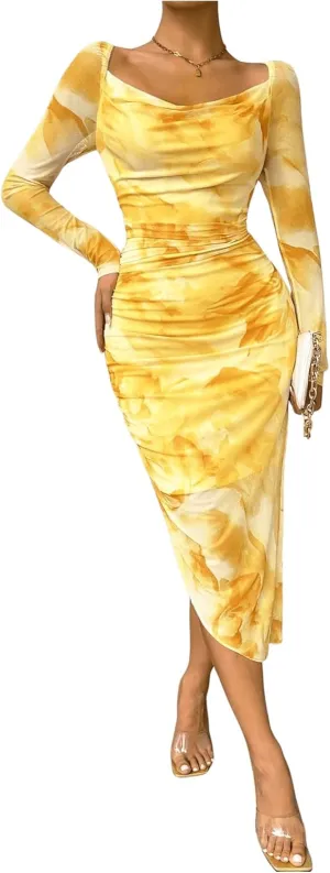 Floerns Women's Tie Dye Long Sleeve Cowl Neck Ruched Cocktail Bodycon Midi Dresses