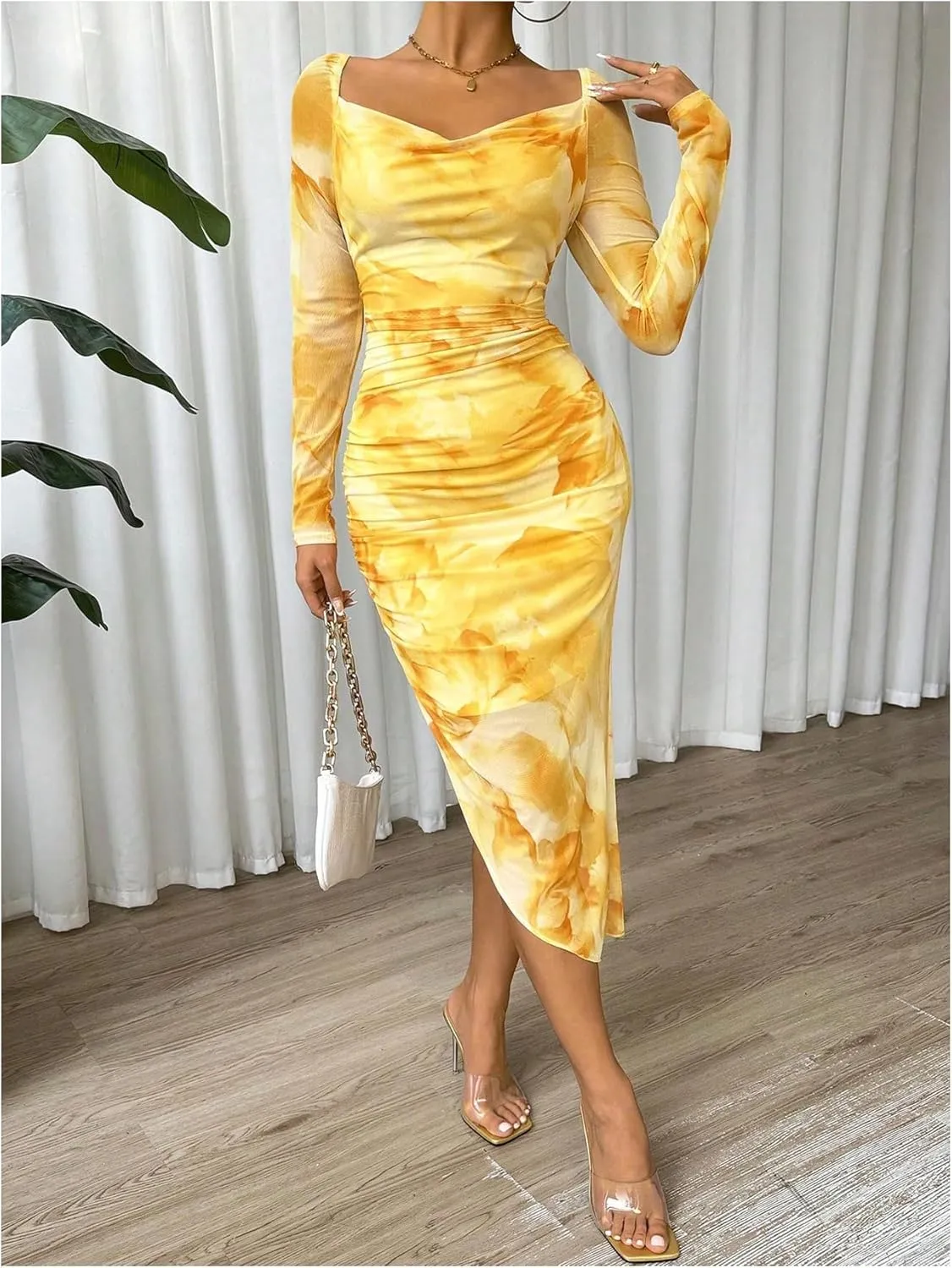 Floerns Women's Tie Dye Long Sleeve Cowl Neck Ruched Cocktail Bodycon Midi Dresses