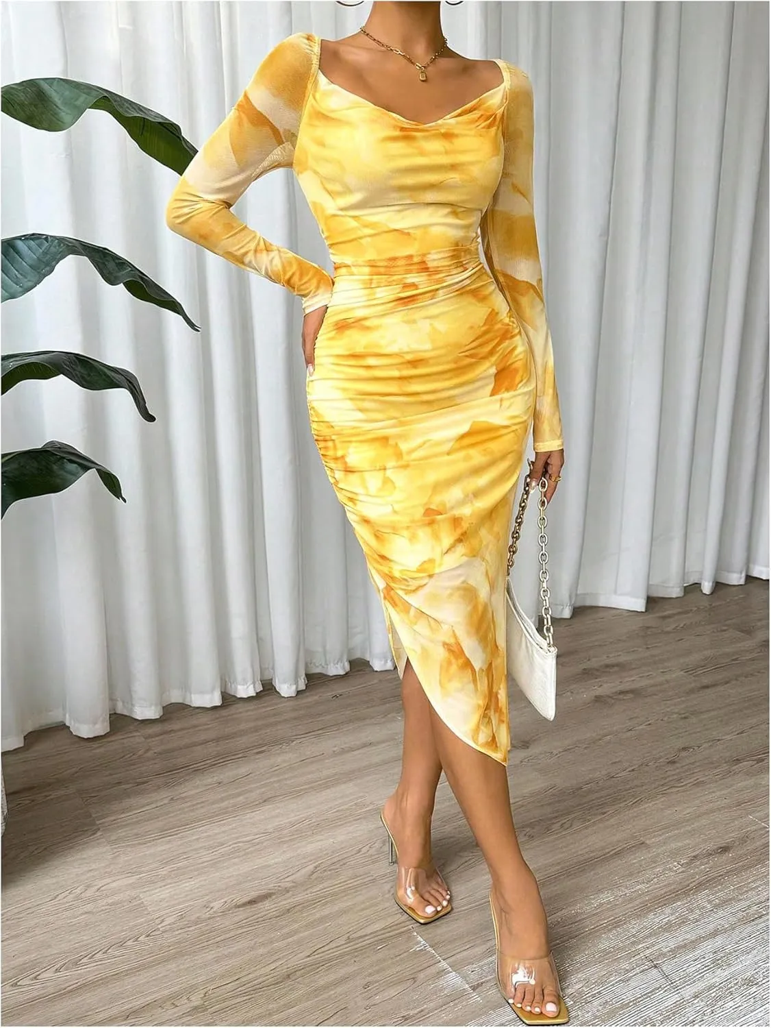 Floerns Women's Tie Dye Long Sleeve Cowl Neck Ruched Cocktail Bodycon Midi Dresses