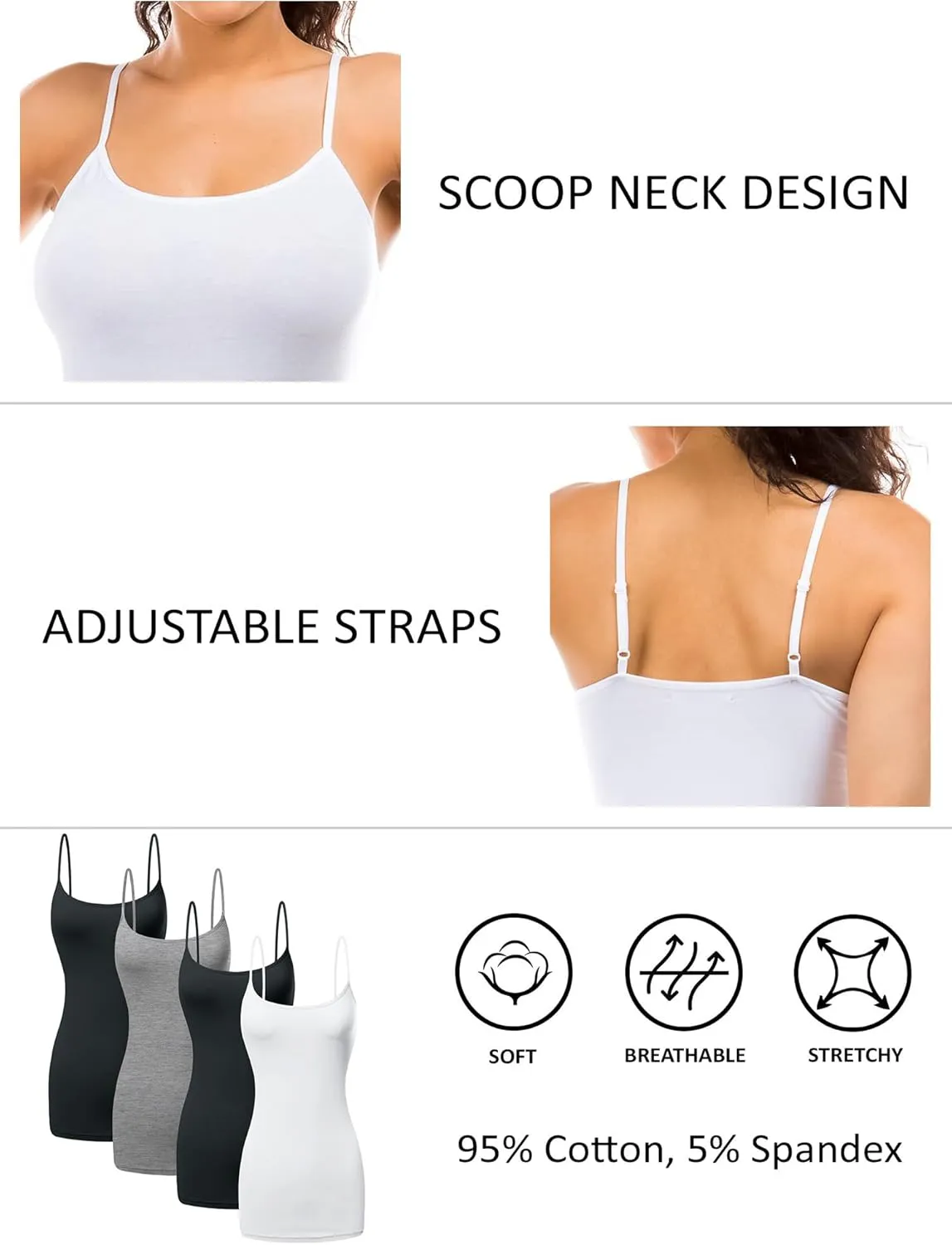 Long Cotton Camisole Spaghetti Strap Tank Top for Women Basic Cami Tops Womens Undershirts - Pack 1-4