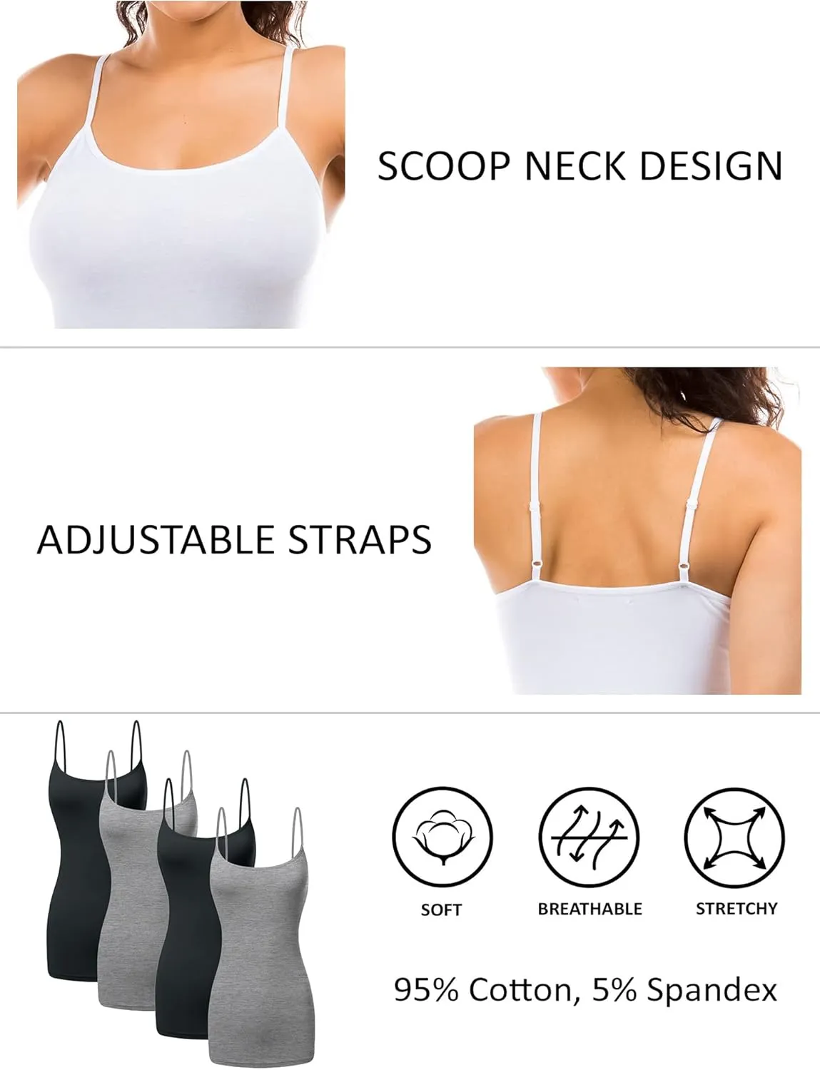 Long Cotton Camisole Spaghetti Strap Tank Top for Women Basic Cami Tops Womens Undershirts - Pack 1-4