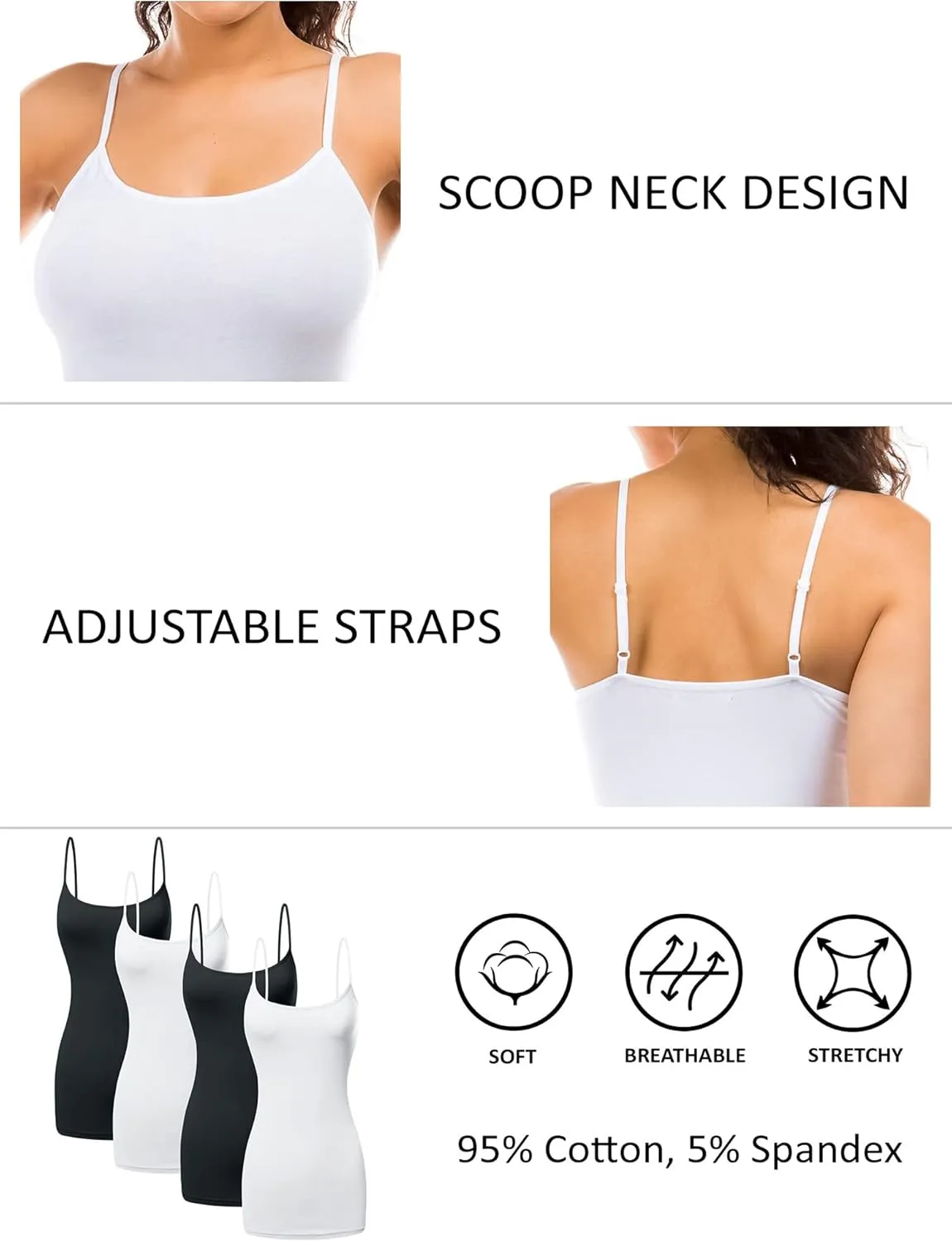 Long Cotton Camisole Spaghetti Strap Tank Top for Women Basic Cami Tops Womens Undershirts - Pack 1-4