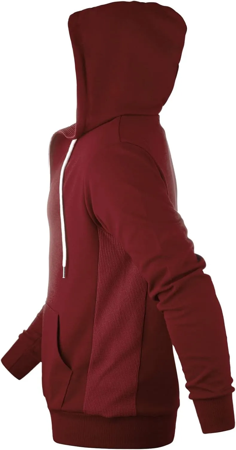Mens Slim Fit Long Sleeve Lightweight Zip-up Hoodie Mixed Waffle Knit with Kangaroo Pocket