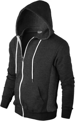 Mens Slim Fit Long Sleeve Lightweight Zip-up Hoodie Mixed Waffle Knit with Kangaroo Pocket