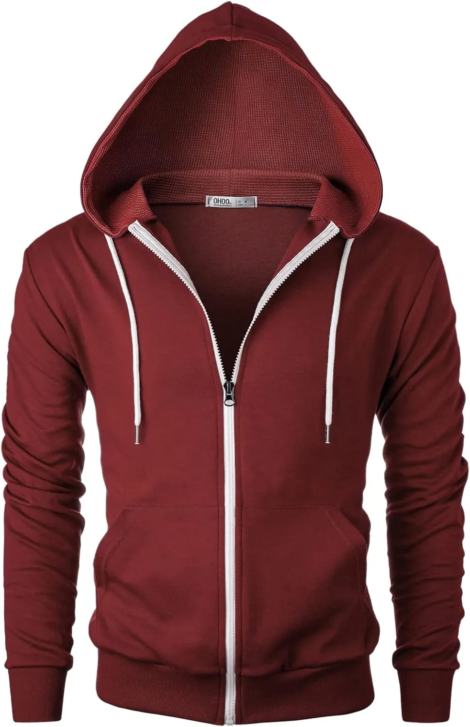 Mens Slim Fit Long Sleeve Lightweight Zip-up Hoodie Mixed Waffle Knit with Kangaroo Pocket