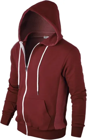 Mens Slim Fit Long Sleeve Lightweight Zip-up Hoodie Mixed Waffle Knit with Kangaroo Pocket