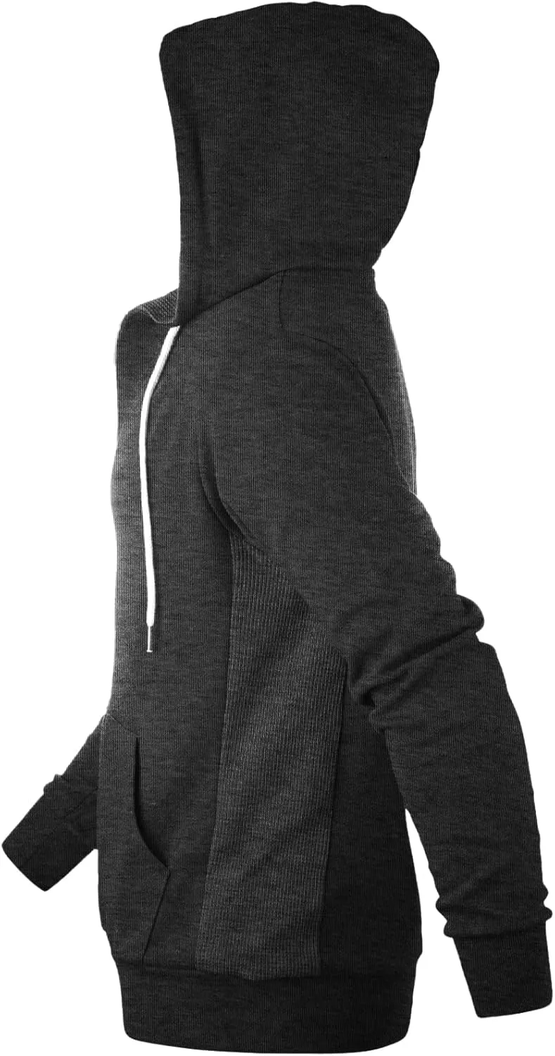 Mens Slim Fit Long Sleeve Lightweight Zip-up Hoodie Mixed Waffle Knit with Kangaroo Pocket