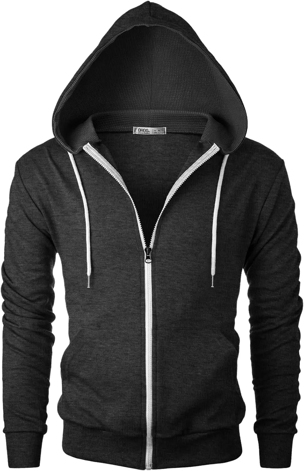 Mens Slim Fit Long Sleeve Lightweight Zip-up Hoodie Mixed Waffle Knit with Kangaroo Pocket