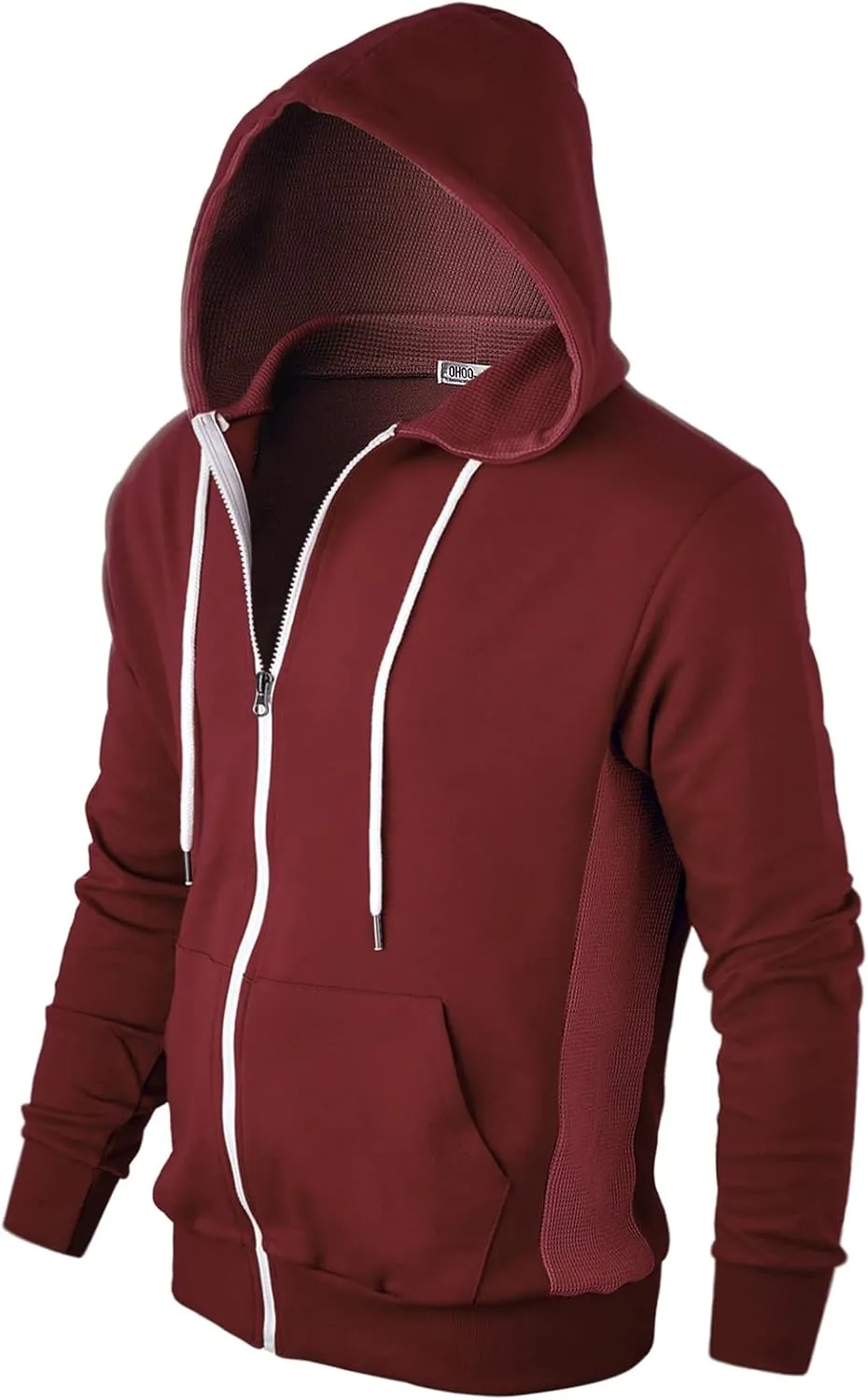 Mens Slim Fit Long Sleeve Lightweight Zip-up Hoodie Mixed Waffle Knit with Kangaroo Pocket