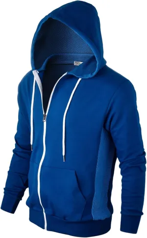 Mens Slim Fit Long Sleeve Lightweight Zip-up Hoodie Mixed Waffle Knit with Kangaroo Pocket