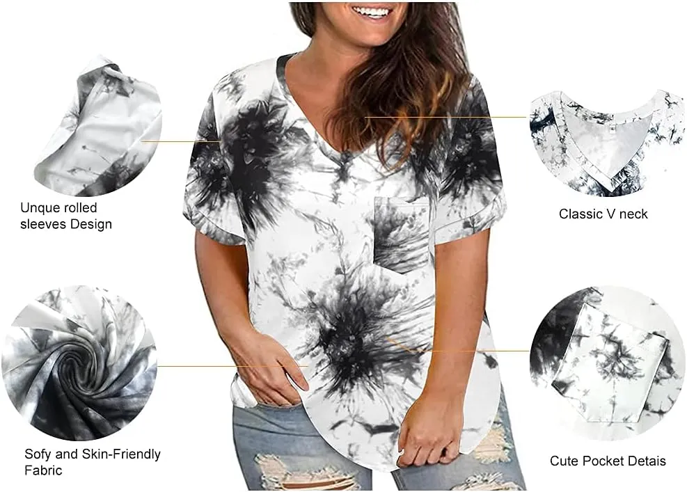 RITERA Plus Size Tops for Women Tie Dye Summer T Shirts V Neck Short Sleeve Casual Tee Tops with Front Pocket XL-5XL