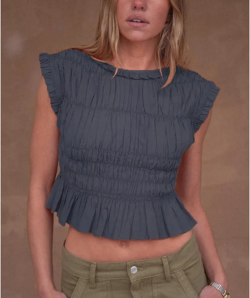 Smocked Top Y2k Women Cap Sleeve Shirred Ruffle Crop Tank Peplum Summer Sleeveless Going Out Vest Shirt Streetwear