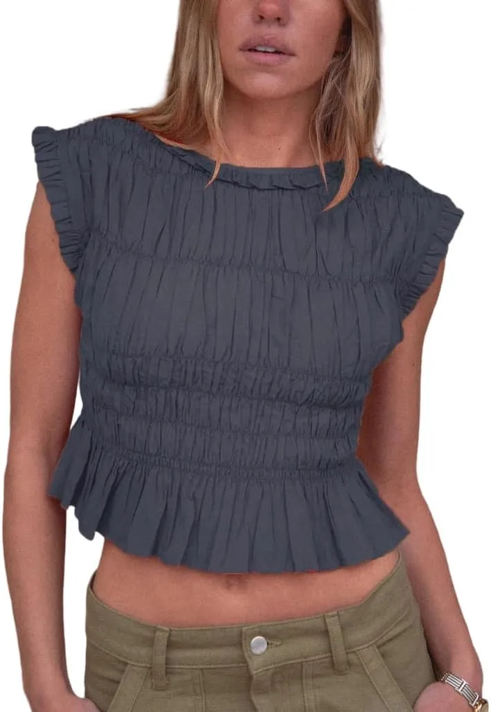 Smocked Top Y2k Women Cap Sleeve Shirred Ruffle Crop Tank Peplum Summer Sleeveless Going Out Vest Shirt Streetwear