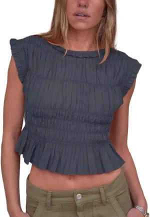 Smocked Top Y2k Women Cap Sleeve Shirred Ruffle Crop Tank Peplum Summer Sleeveless Going Out Vest Shirt Streetwear