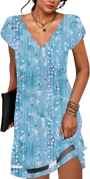 Summer Dresses for Women Petal Short Sleeve V-Neck Beach Dress Floral Print Dressy Casual Sun Dresses