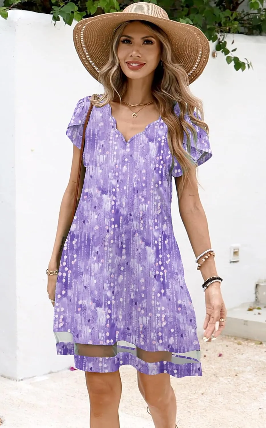Summer Dresses for Women Petal Short Sleeve V-Neck Beach Dress Floral Print Dressy Casual Sun Dresses