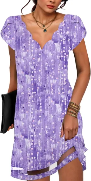 Summer Dresses for Women Petal Short Sleeve V-Neck Beach Dress Floral Print Dressy Casual Sun Dresses