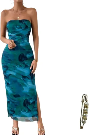 Summer Dresses for Women Strapless Slim Bodycon Dress Side Slit Tube Top Dress Ink Painting Formal Dresses