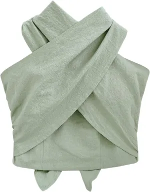 Women's Criss Cross Wrap Halter Tops Ruched Tie Backless Slim Fit Shirred Crop Top