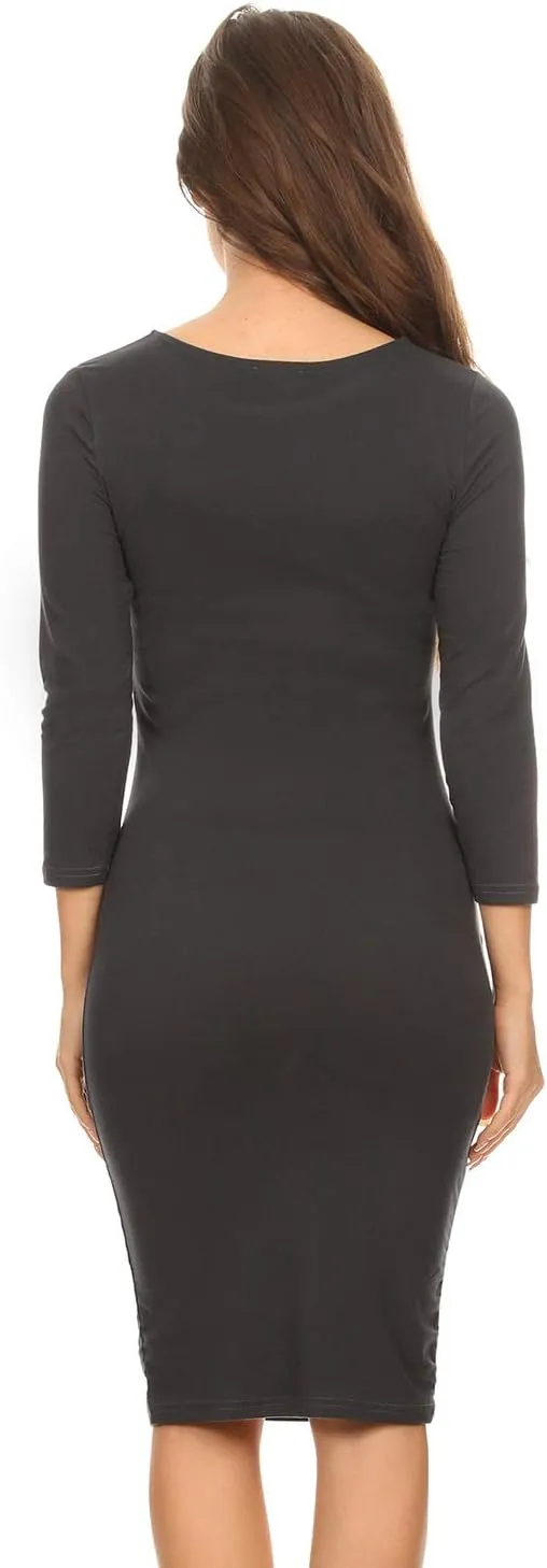 Women's Round Neck 3/4 Sleeve Midi Bodycon Fitted Midi Dress Casual Work