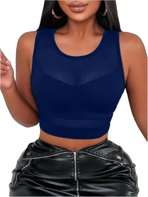 Women's Sheer Mesh Sleeveless Tank Top Slim Fit Crew Neck Crop Tops Party Club Tops