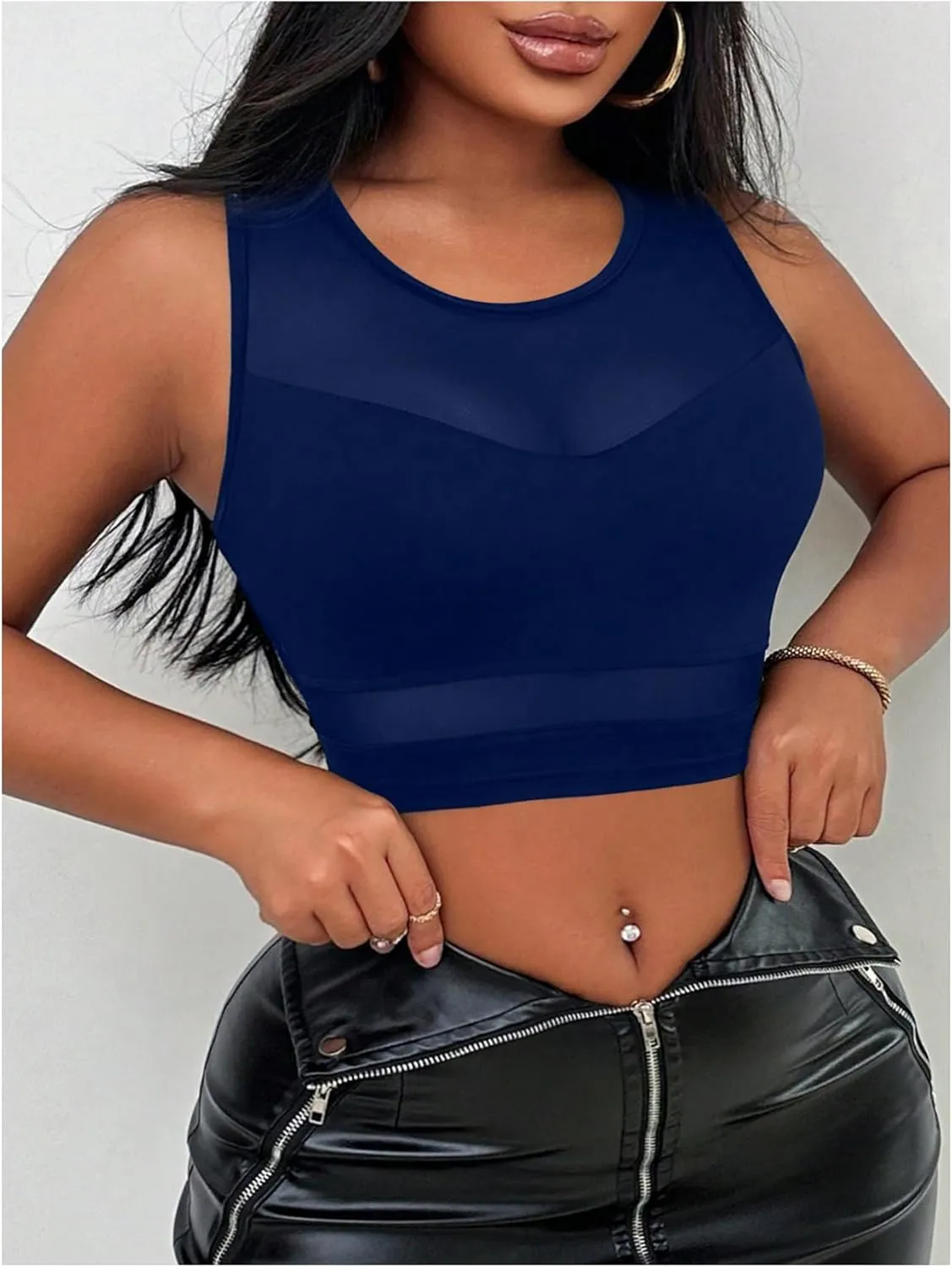 Women's Sheer Mesh Sleeveless Tank Top Slim Fit Crew Neck Crop Tops Party Club Tops