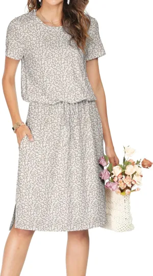 Womens Summer Hide Belly Knee Length Travel Dress Pocket 2025 Spring Short Sleeve Midi Work Casual Teacher Outfits