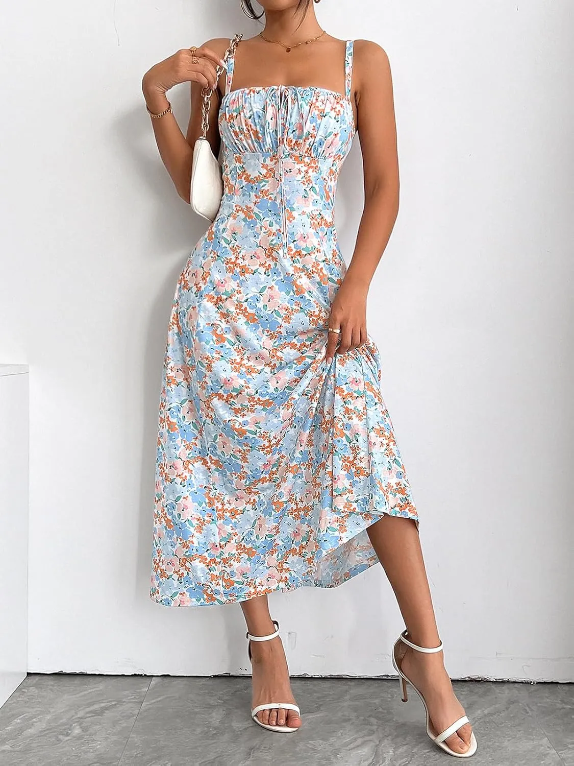 YATHON Women's Summer Midi Corset Boho Dresses Casual Floral Spaghetti Straps Lace Up Dress Flowy Aline Beach Sundress