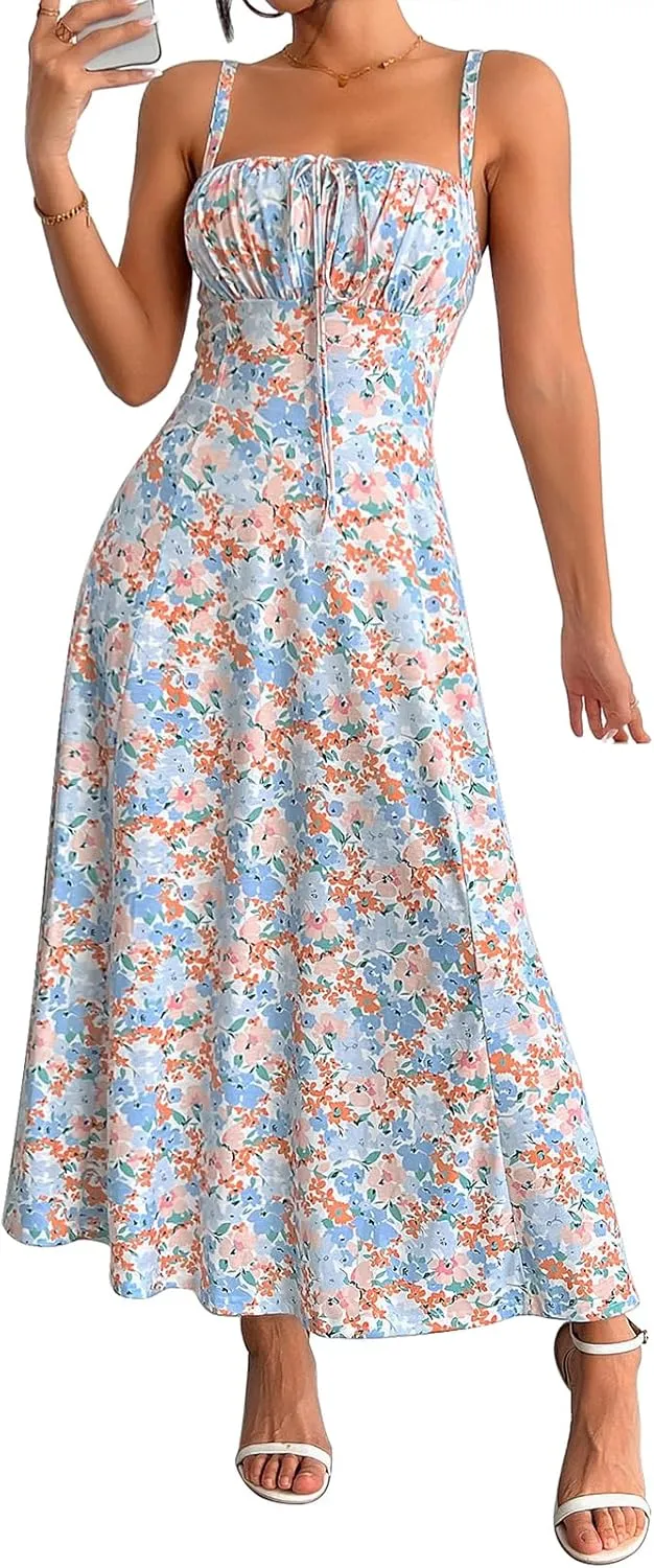 YATHON Women's Summer Midi Corset Boho Dresses Casual Floral Spaghetti Straps Lace Up Dress Flowy Aline Beach Sundress