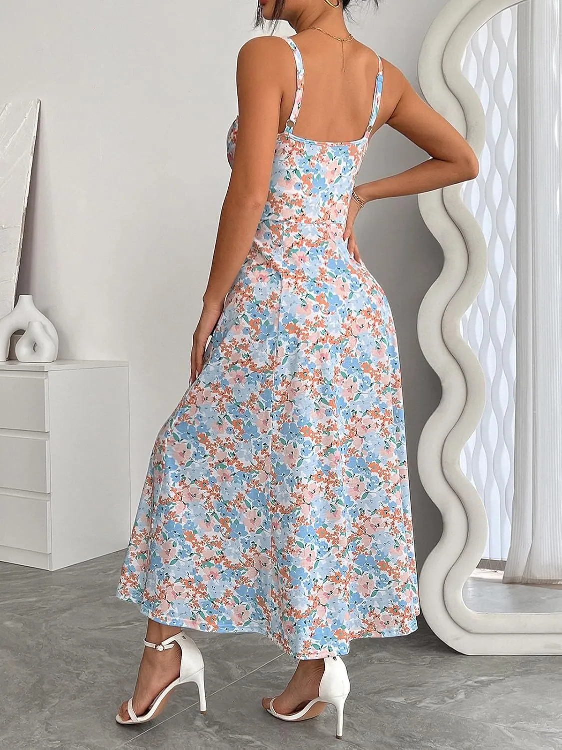YATHON Women's Summer Midi Corset Boho Dresses Casual Floral Spaghetti Straps Lace Up Dress Flowy Aline Beach Sundress