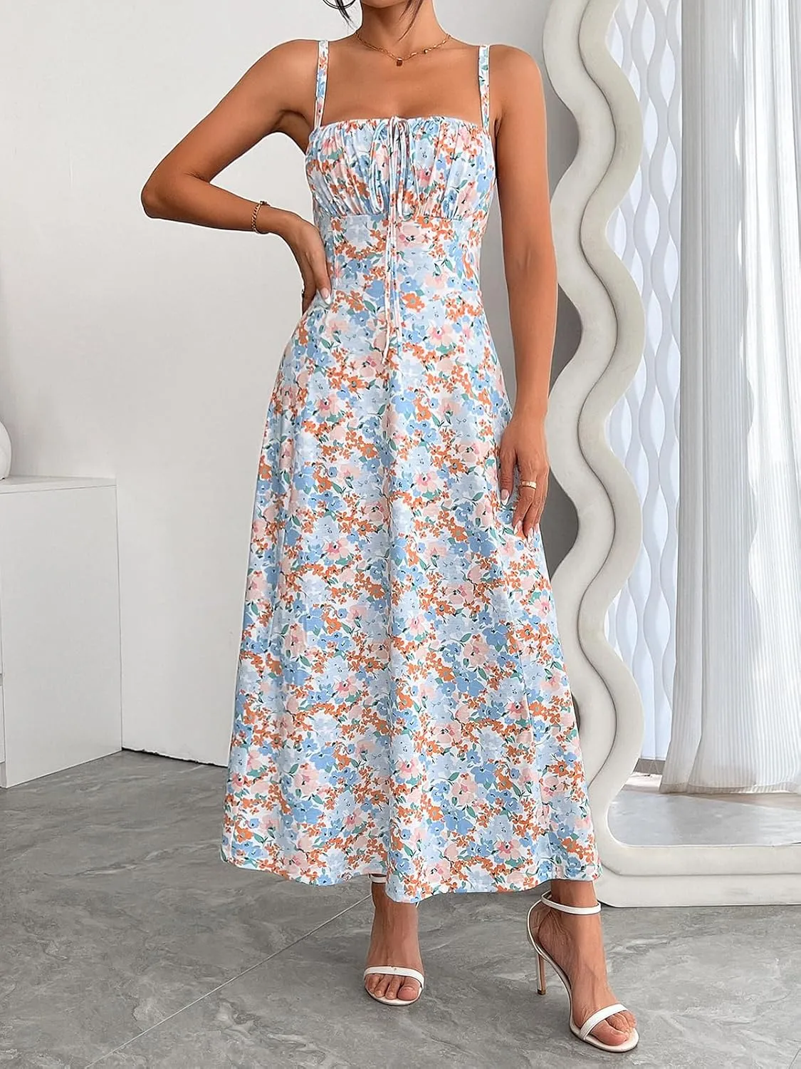 YATHON Women's Summer Midi Corset Boho Dresses Casual Floral Spaghetti Straps Lace Up Dress Flowy Aline Beach Sundress
