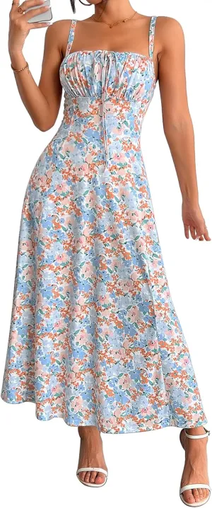 YATHON Women's Summer Midi Corset Boho Dresses Casual Floral Spaghetti Straps Lace Up Dress Flowy Aline Beach Sundress